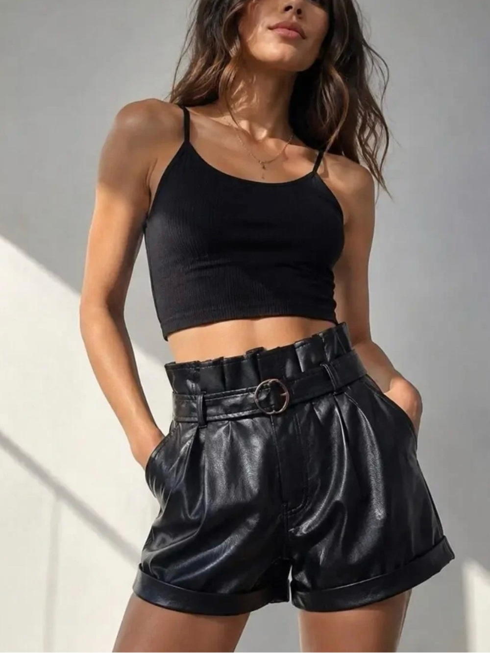 Madden NYC Shorts Black Faux Leather Paperbag Shorts Belted High Waist Size S